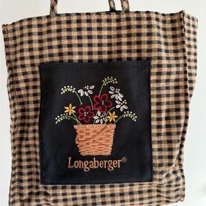 Longaberger Black and Brown Checkered Tote with Floral Embroidery